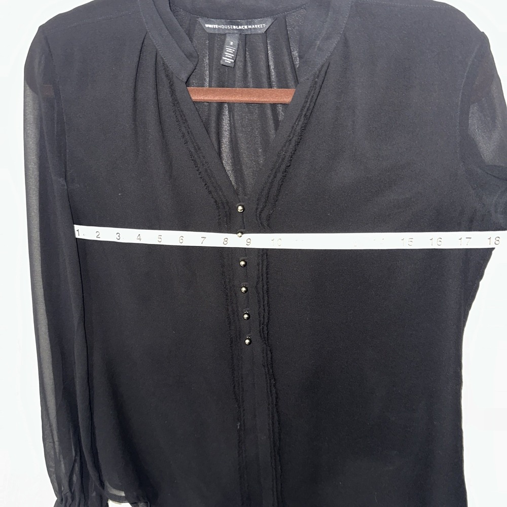 White House Black Market‎ Black Sheer Sleeve Woven Blouse Size 2 Gold Button - Picture 7 of 10